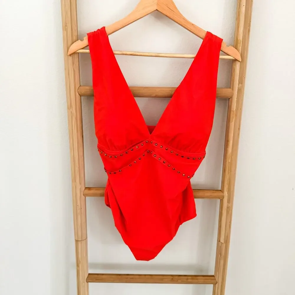 NWOT Amoressa by Miraclesuit Lupita One Piece Swimsuit Coral Red Studded 10